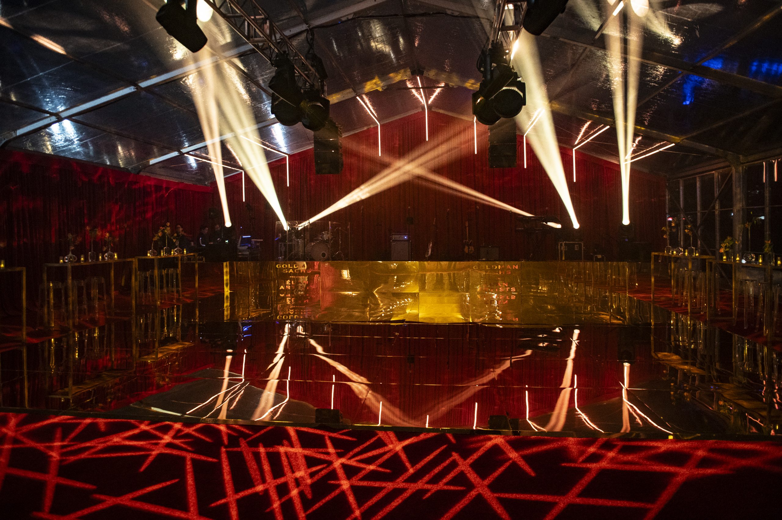 Party event and social dancefloor with spotlights and red accents